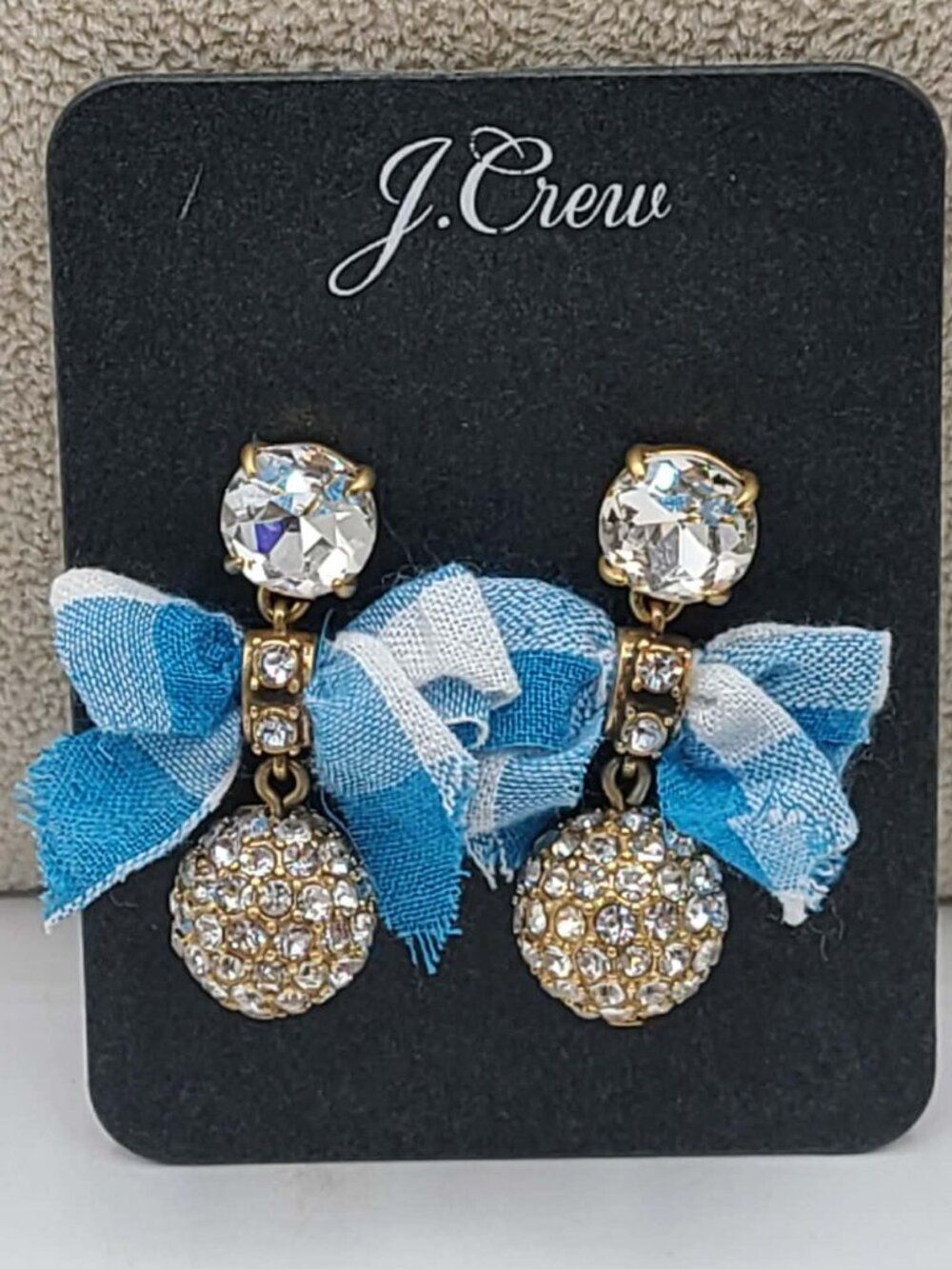 J Crew Pave Crystal Drop Earrings with Blue Gingham Bow NWT